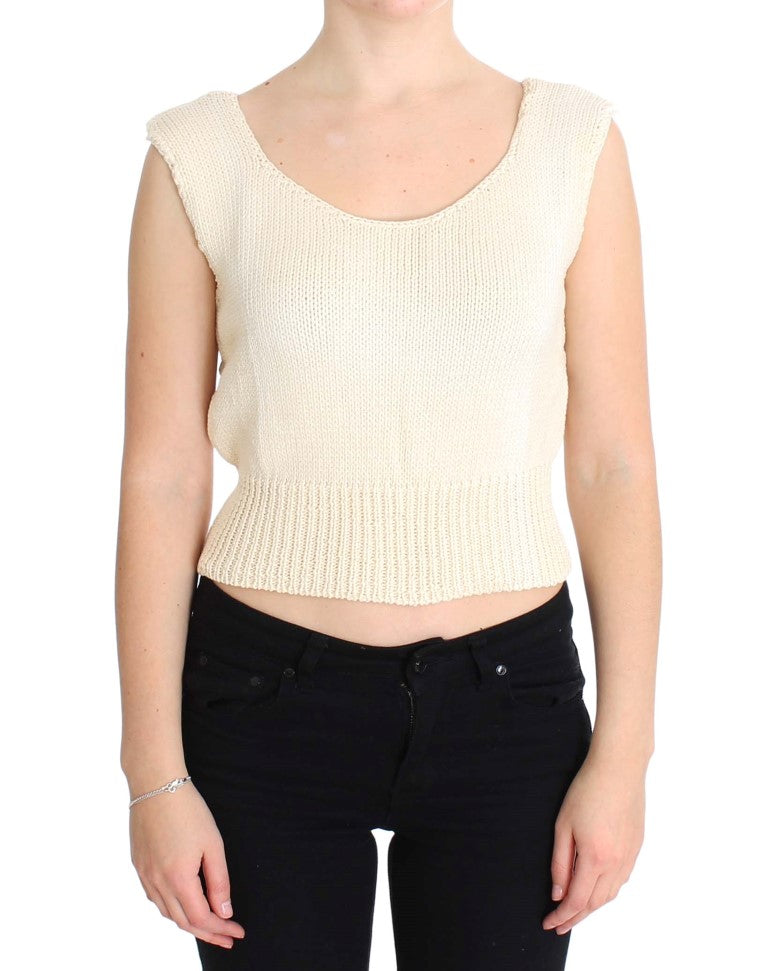 PINK MEMORIES Beige Cotton Blend Knitted Sleeveless Sweater | Regal Royce