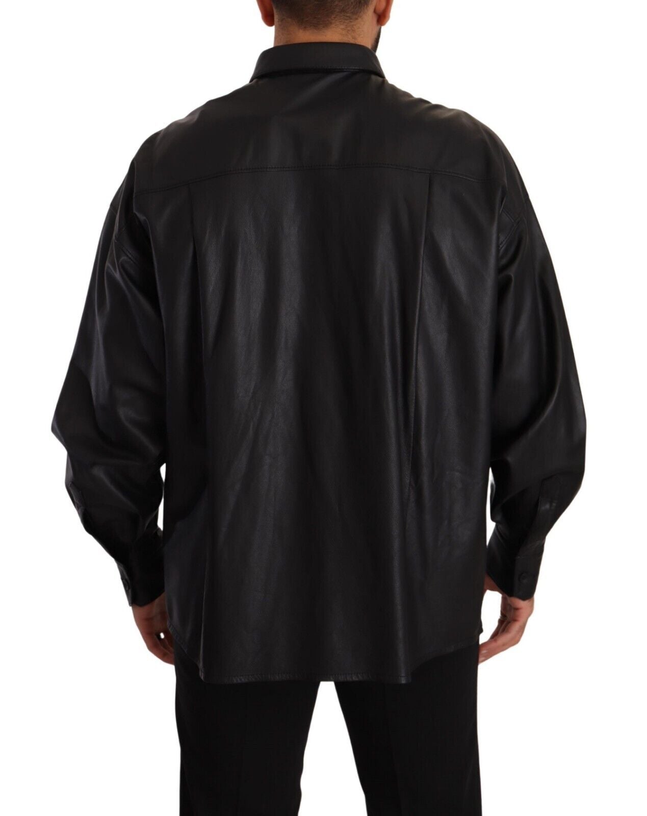 Dolce & Gabbana Black Leather Button Down Men Collared Jacket | Regal Royce
