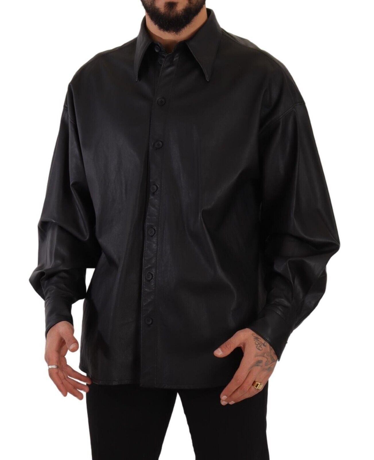 Dolce & Gabbana Black Leather Button Down Men Collared Jacket | Regal Royce