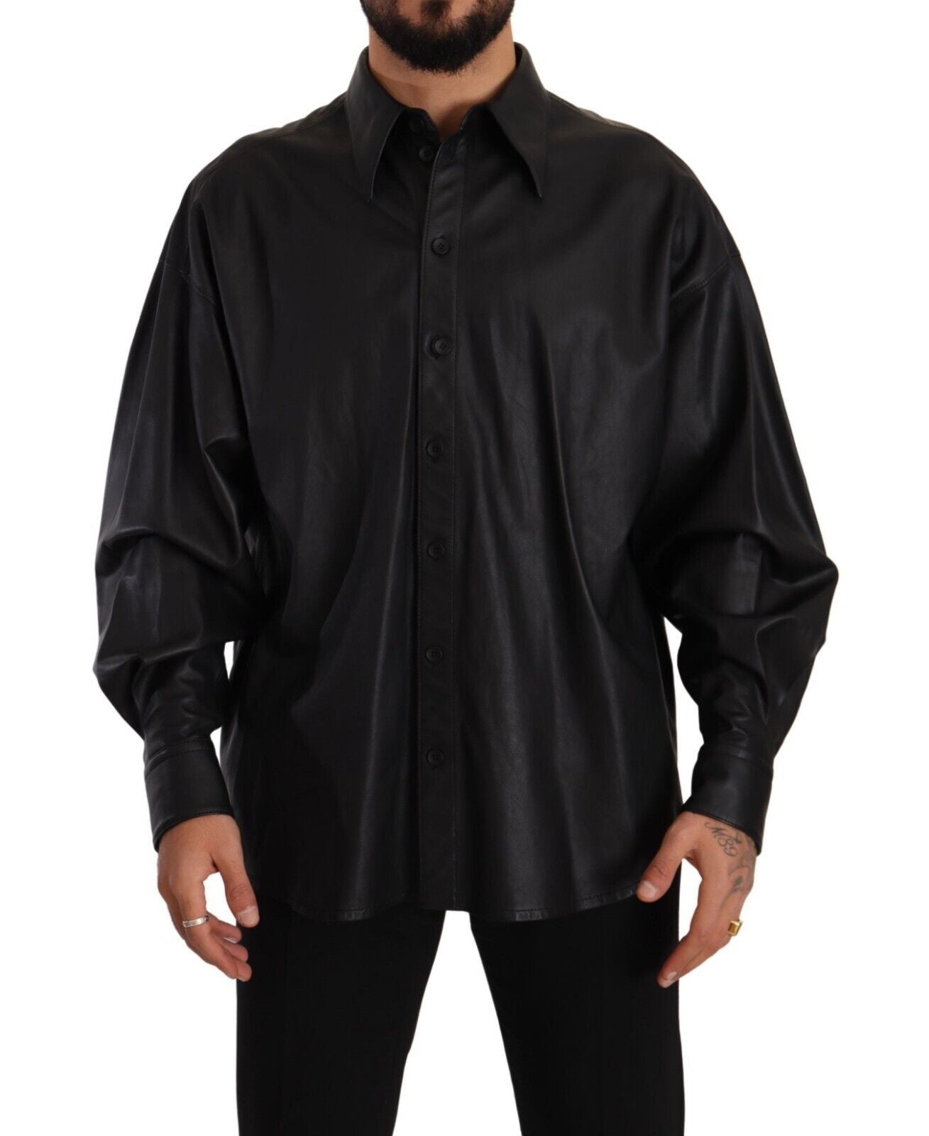 Dolce & Gabbana Black Leather Button Down Men Collared Jacket | Regal Royce
