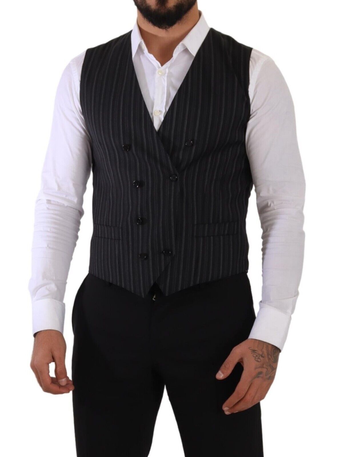 Dolce & Gabbana Gray Striped Double Breasted Waistcoat Vest | Regal Royce