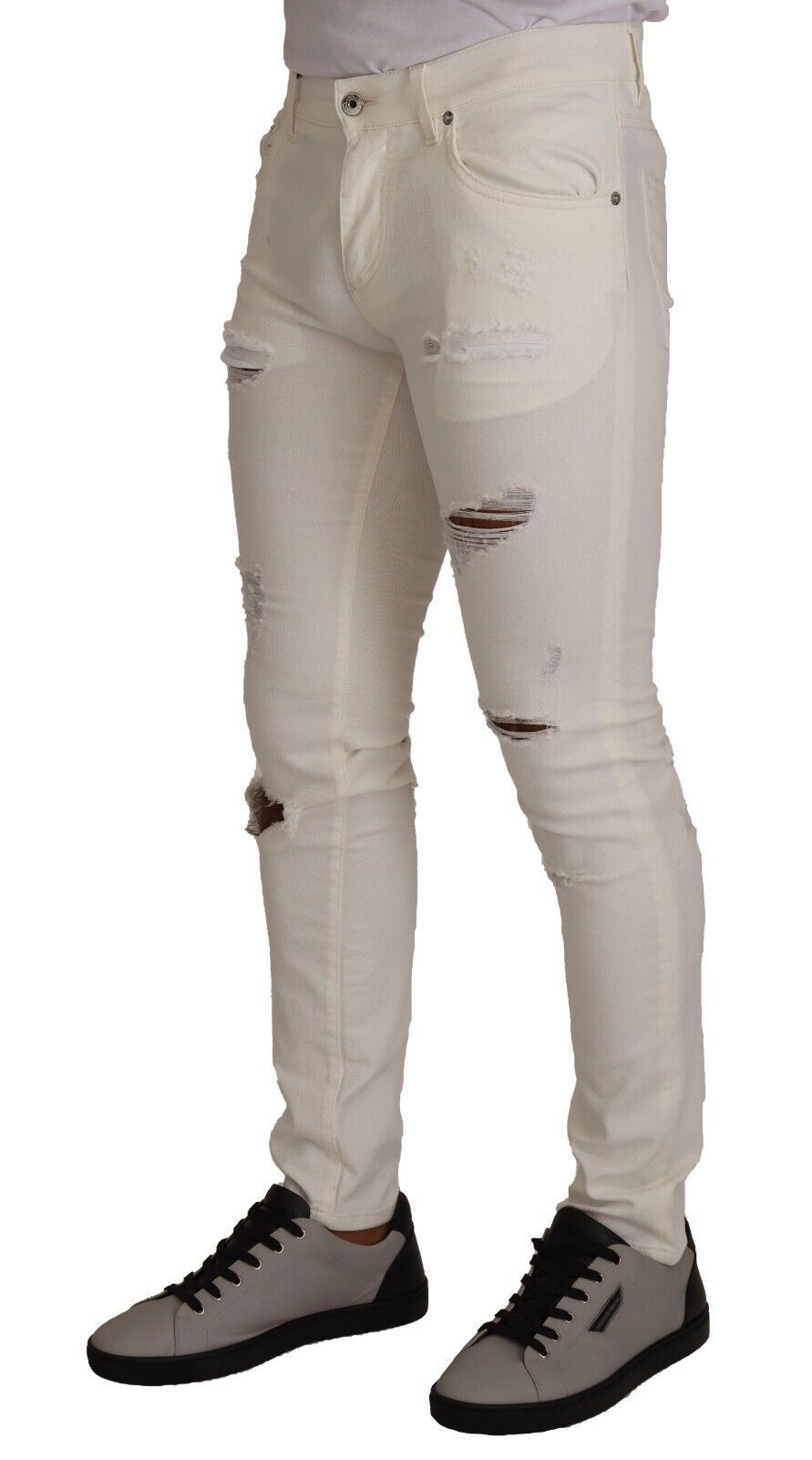 Dolce & Gabbana White Tattered Skinny Cotton Men Denim Jeans | Regal Royce