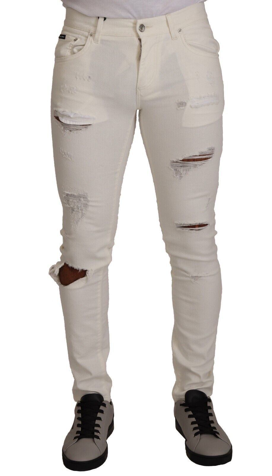Dolce & Gabbana White Tattered Skinny Cotton Men Denim Jeans | Regal Royce