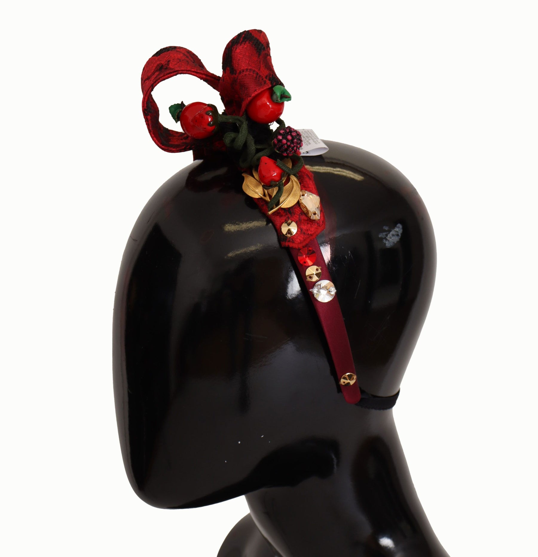 Dolce & Gabbana Cherry Silk Crystal Bow Logo Diadem Tiara Headband | Regal Royce