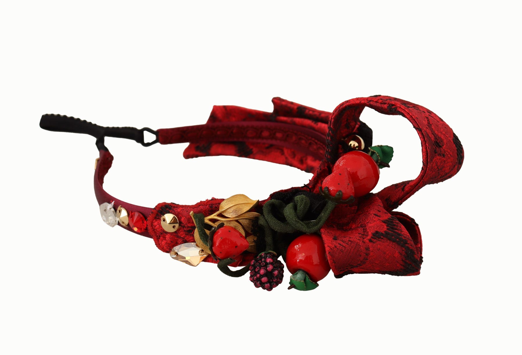 Dolce & Gabbana Cherry Silk Crystal Bow Logo Diadem Tiara Headband | Regal Royce