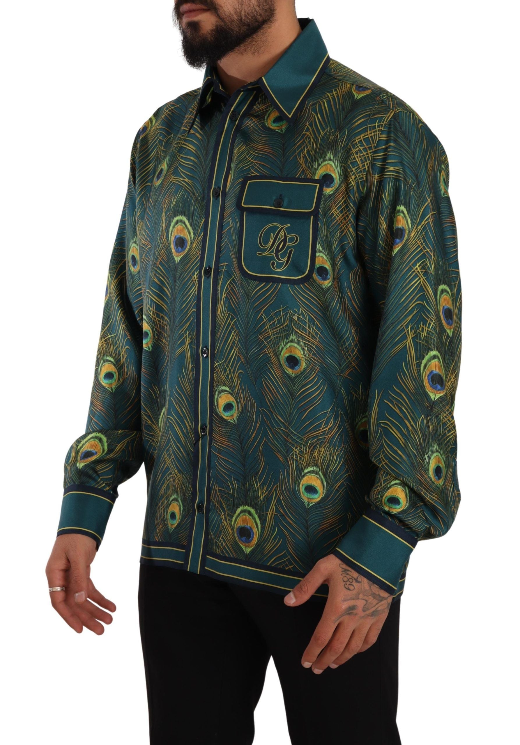 Dolce & Gabbana Peacock Feather Print Silk Pajama Mens Shirt | Regal Royce