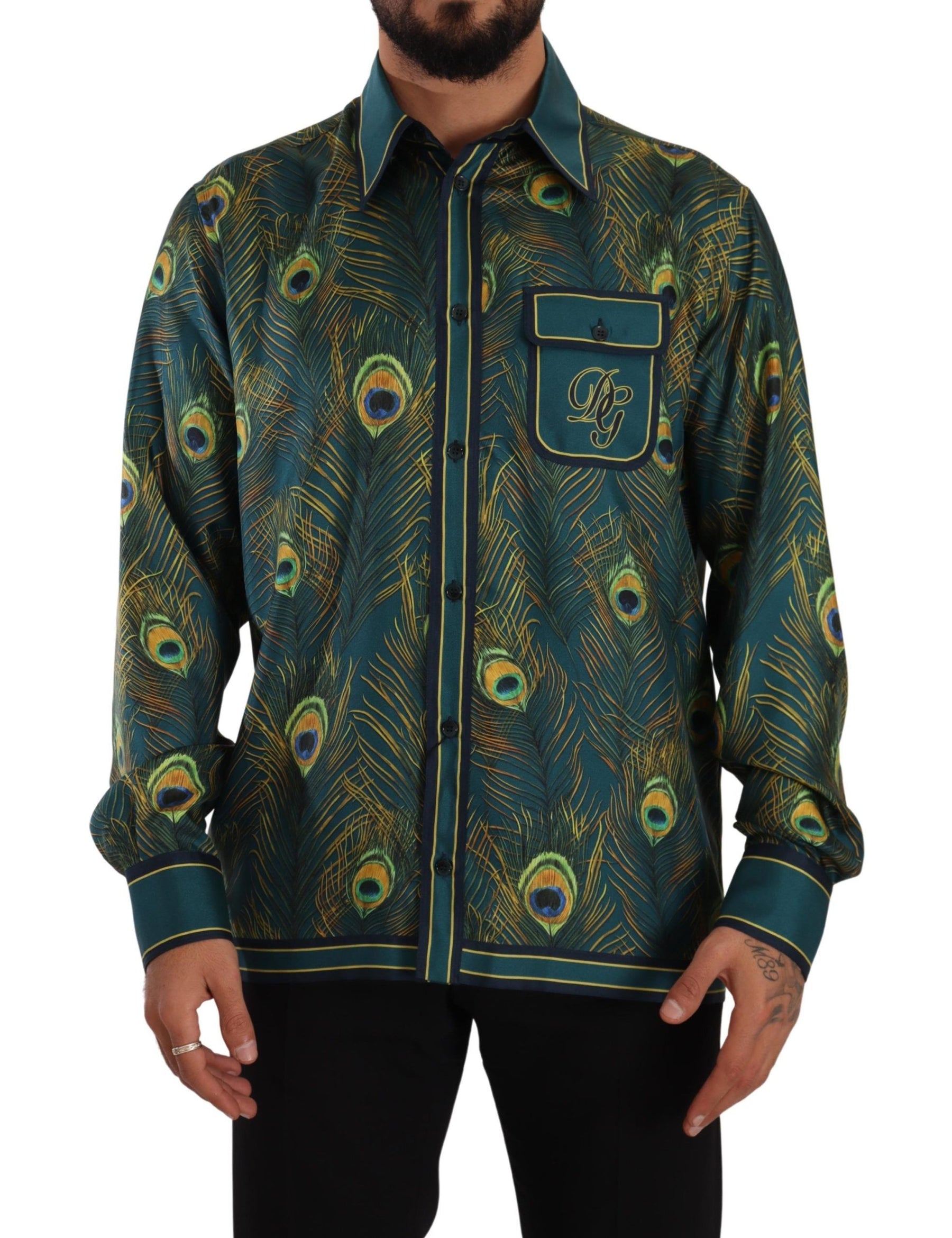 Dolce & Gabbana Peacock Feather Print Silk Pajama Mens Shirt | Regal Royce