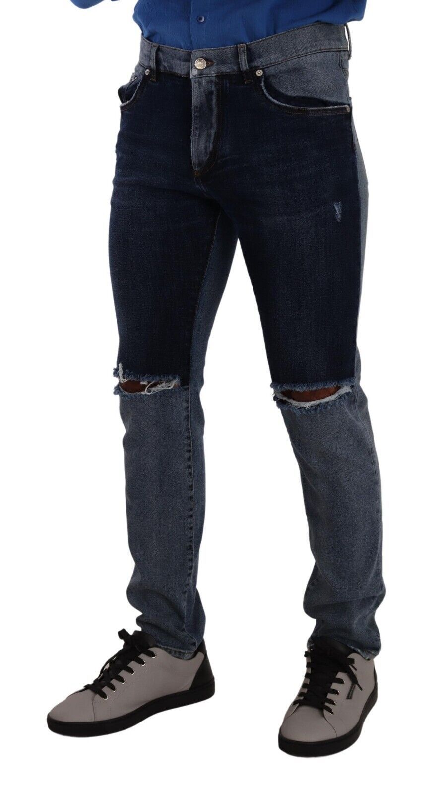 Dolce & Gabbana Blue Two Tone Tattered Cotton Slim Denim Jeans | Regal Royce
