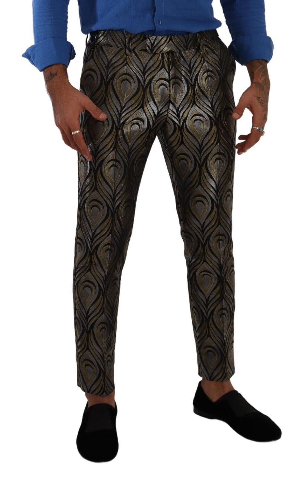 Dolce & Gabbana Silver Gold Jacquard Men Trouser Dress Pants | Regal Royce