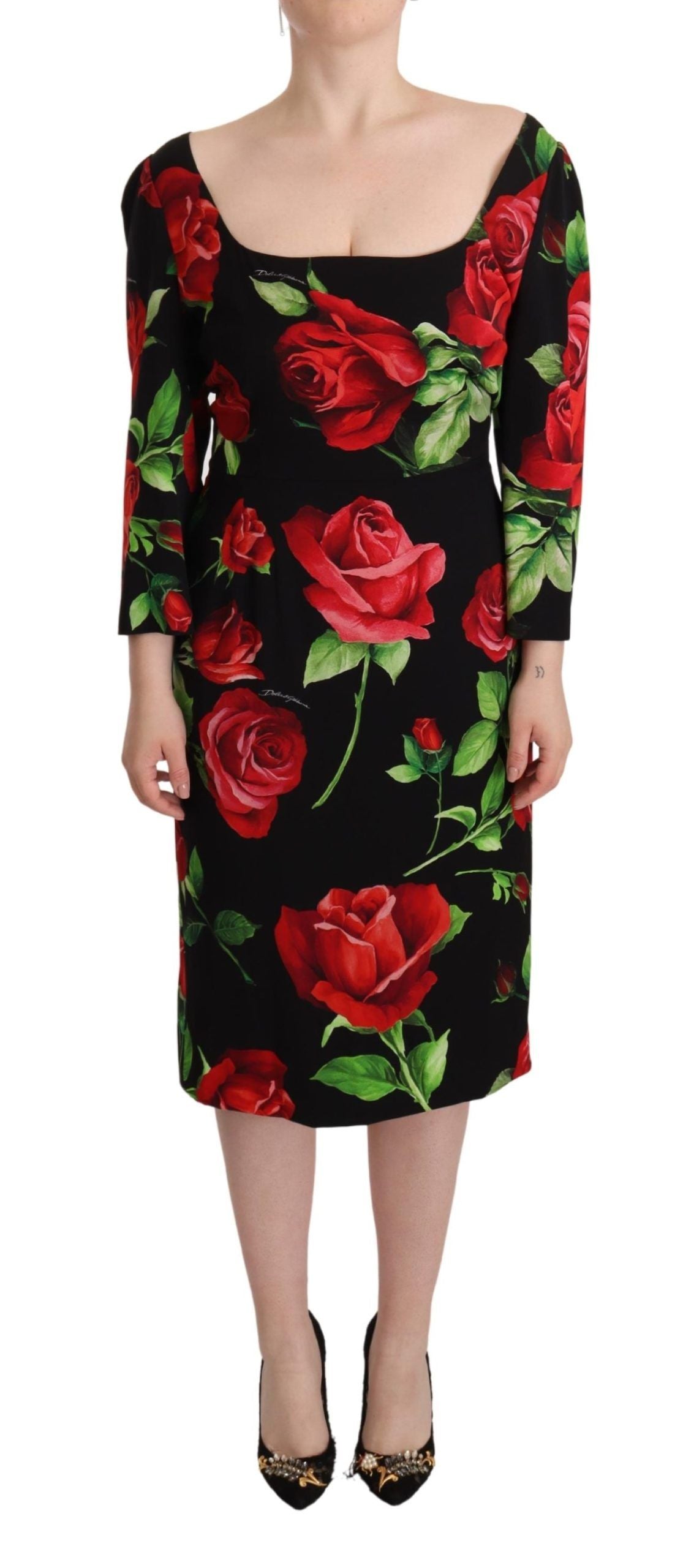 Dolce & Gabbana Black Red Roses Sheath Stretch Silk Dress | Regal Royce