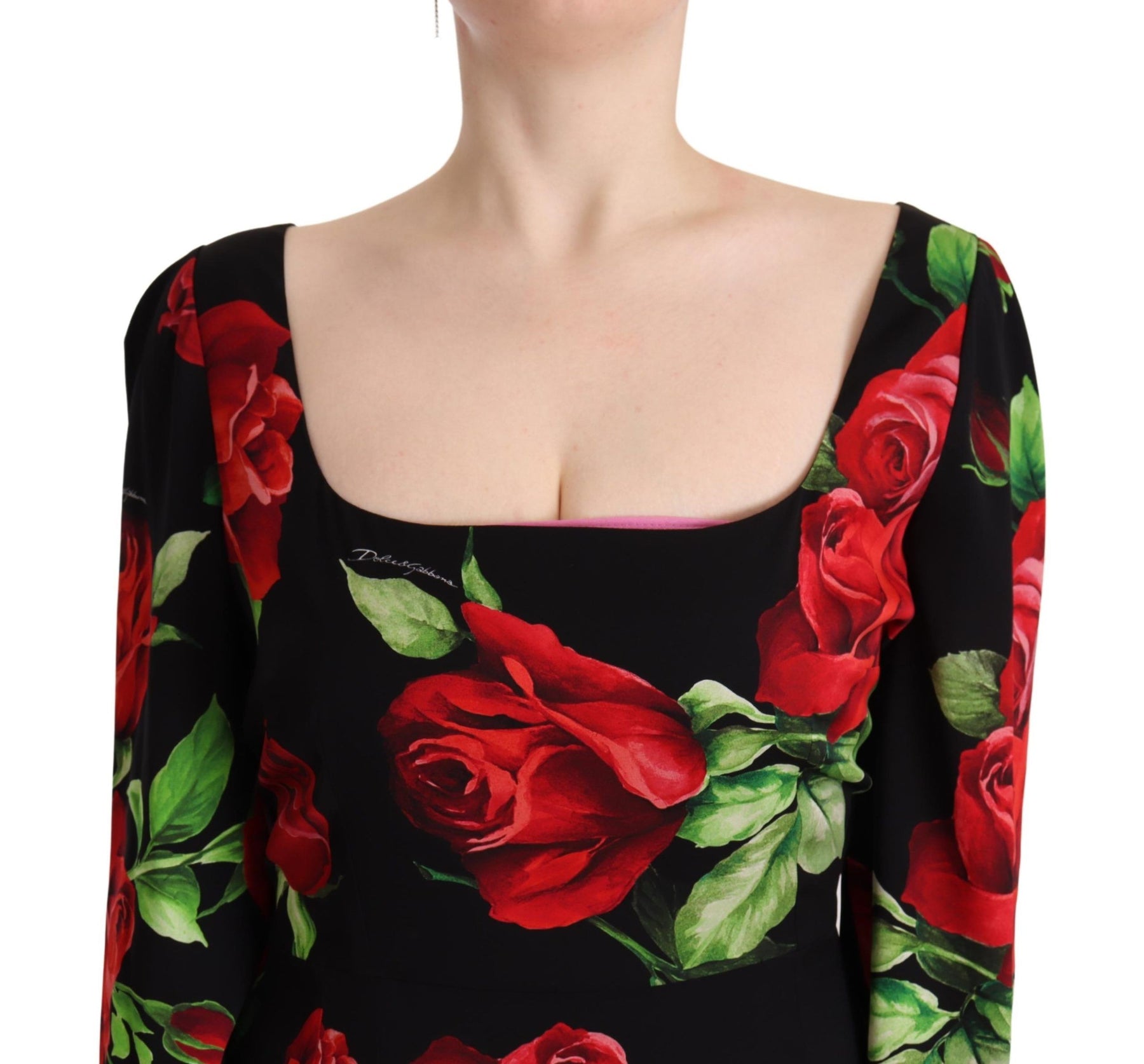 Dolce & Gabbana Black Red Roses Sheath Stretch Silk Dress | Regal Royce