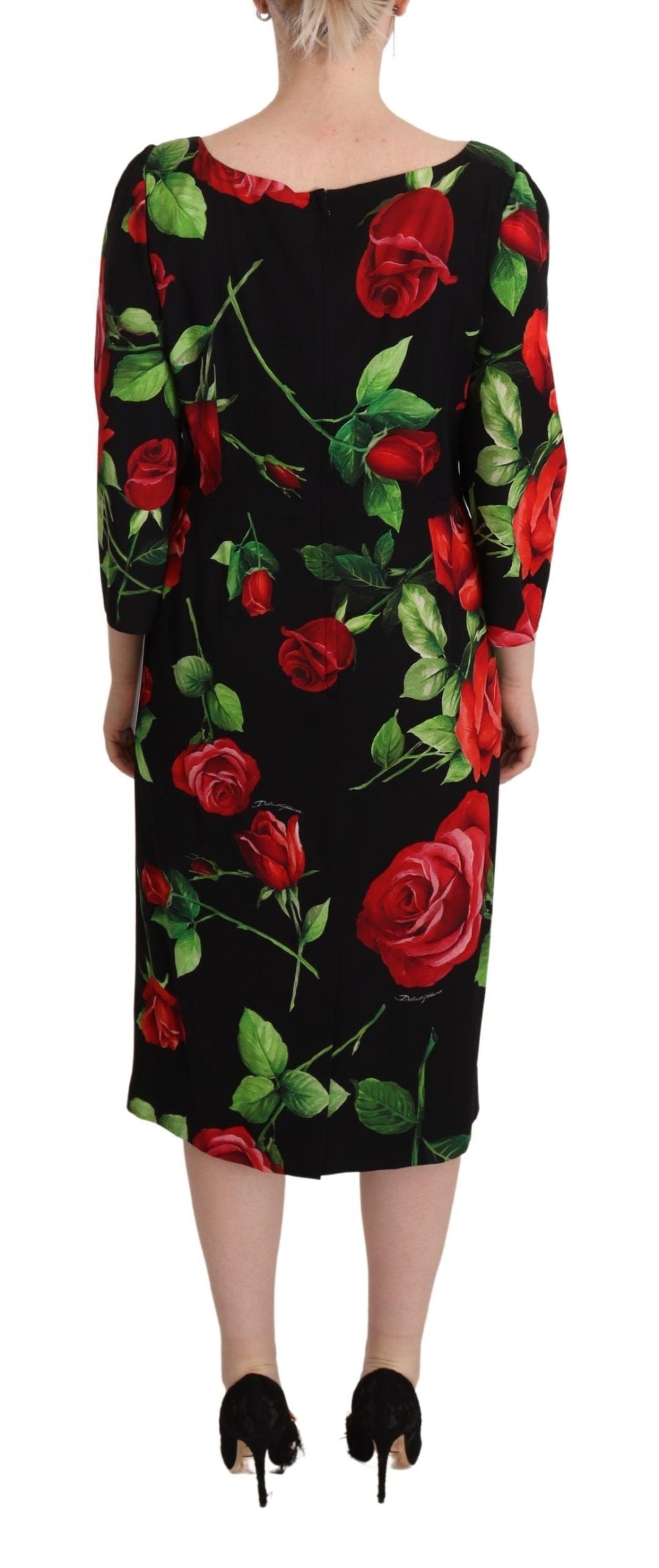 Dolce & Gabbana Black Red Roses Sheath Stretch Silk Dress | Regal Royce