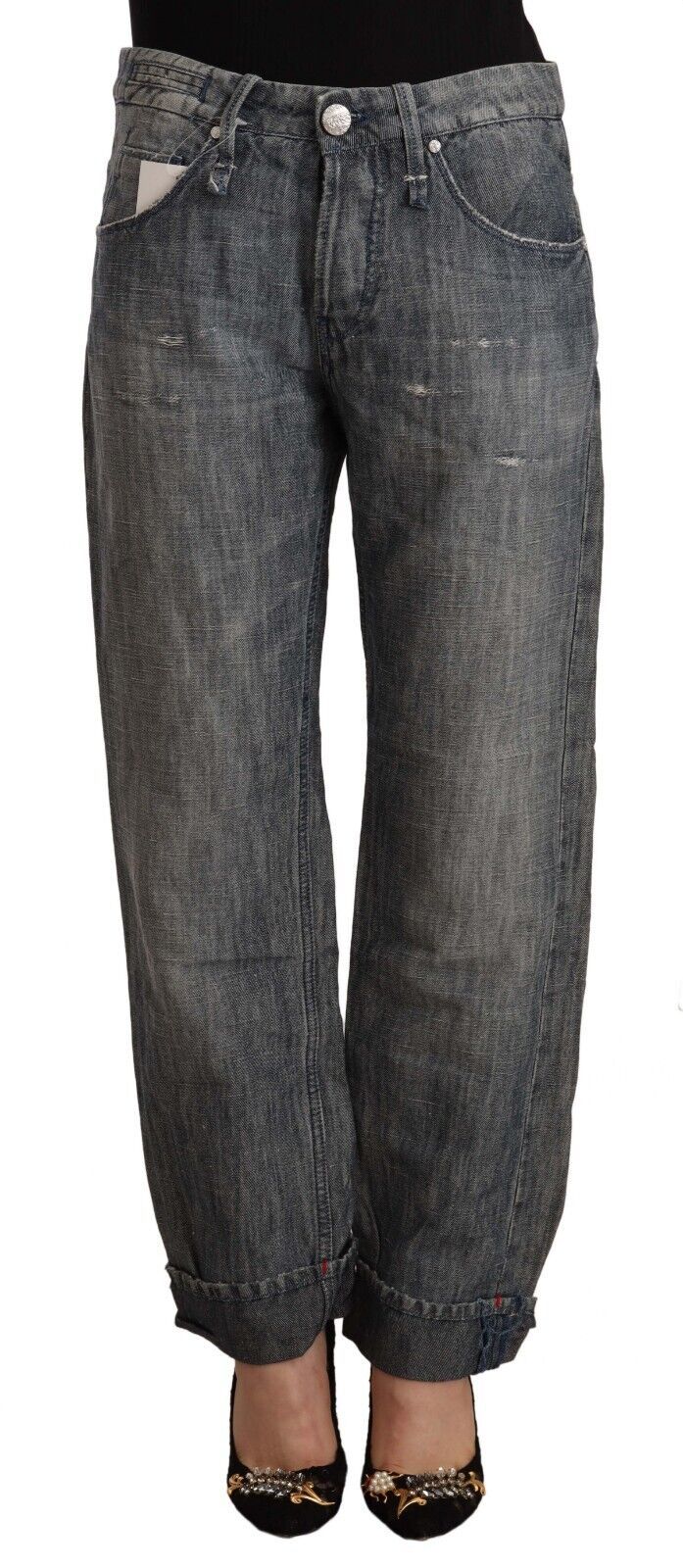 Acht Gray Washed Ramie Straight Denim Folded Hem Jeans | Regal Royce