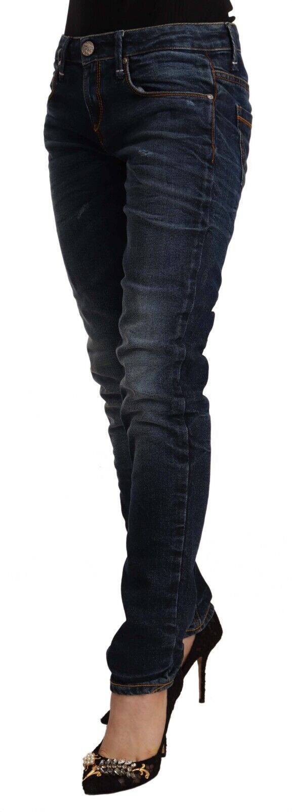 Acht Blue Washed Cotton Mid Waist Skinny Denim Jeans | Regal Royce