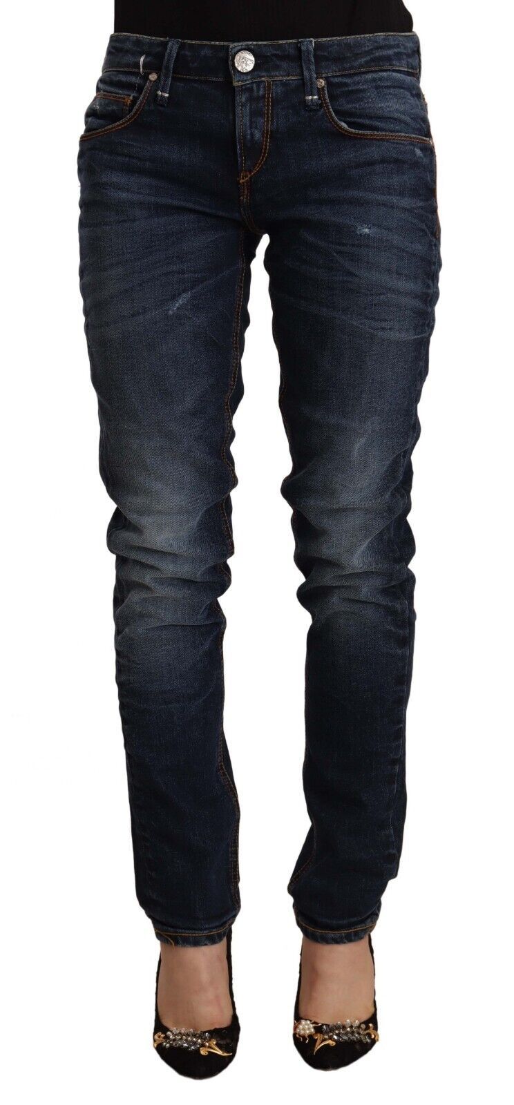 Acht Blue Washed Cotton Mid Waist Skinny Denim Jeans | Regal Royce