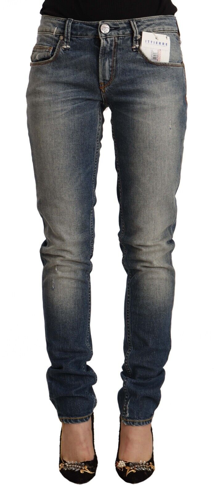 Acht Blue Washed Cotton Mid Waist Skinny Denim Jeans | Regal Royce