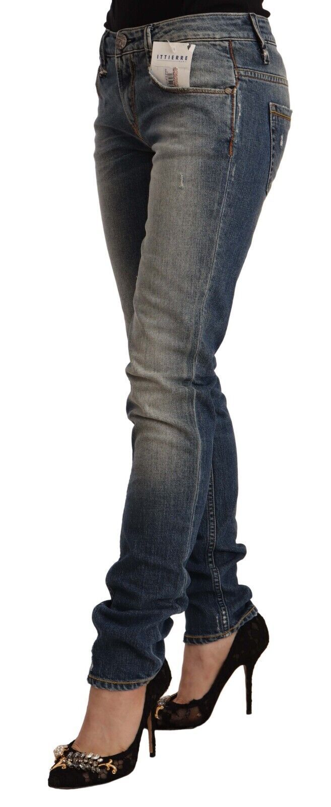 Acht Blue Washed Cotton Mid Waist Skinny Denim Jeans | Regal Royce