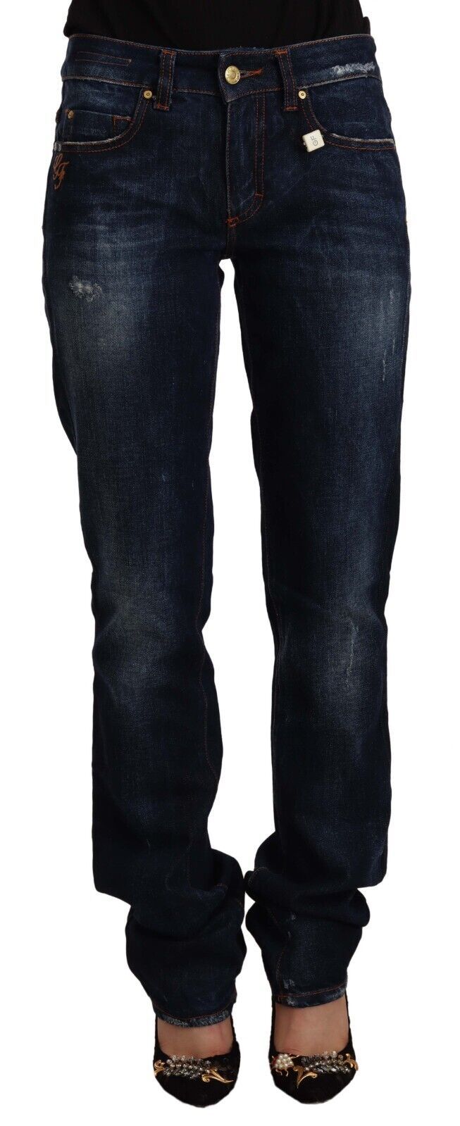 GF Ferre Dark Blue Washed Mid Waist Cotton Denim Straight Jeans | Regal Royce
