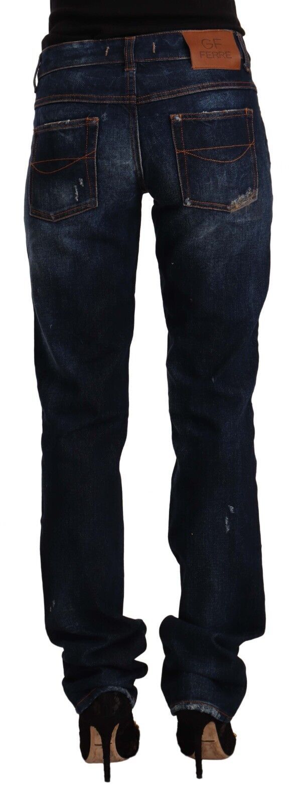 GF Ferre Dark Blue Washed Mid Waist Cotton Denim Straight Jeans | Regal Royce