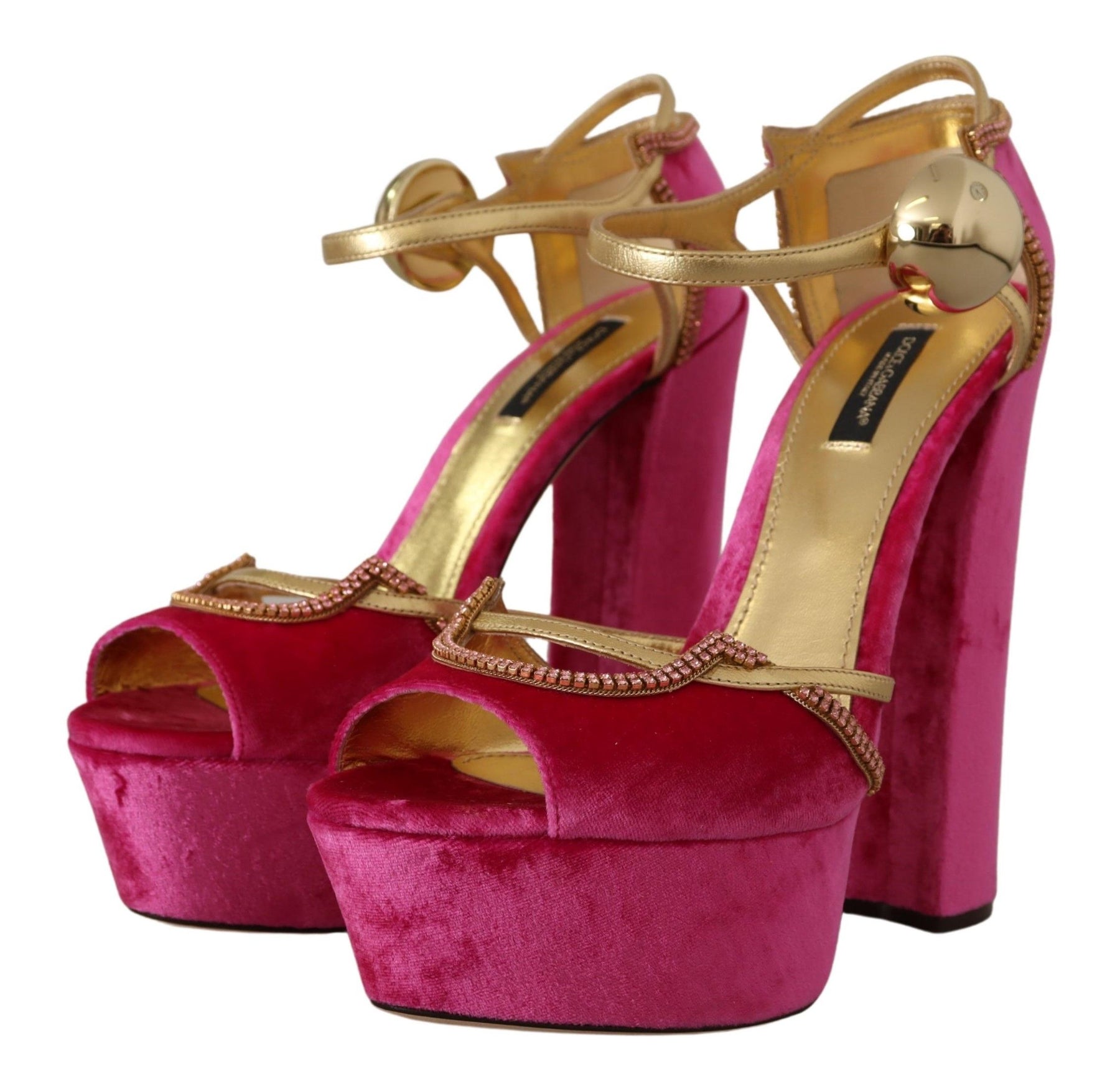 Dolce & Gabbana Pink Velvet Crystal Ankle Strap Sandals Shoes | Regal Royce