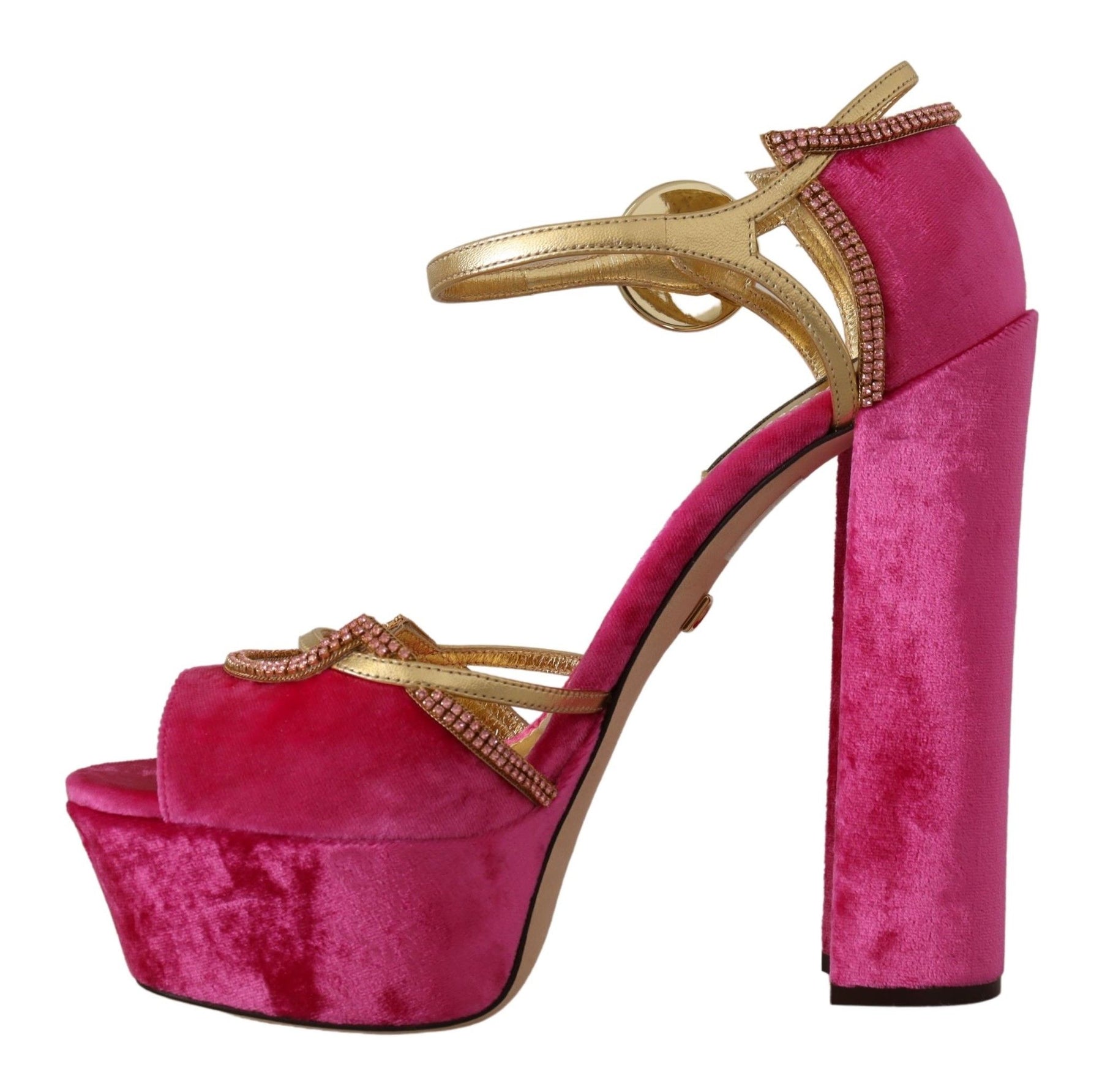 Dolce & Gabbana Pink Velvet Crystal Ankle Strap Sandals Shoes | Regal Royce