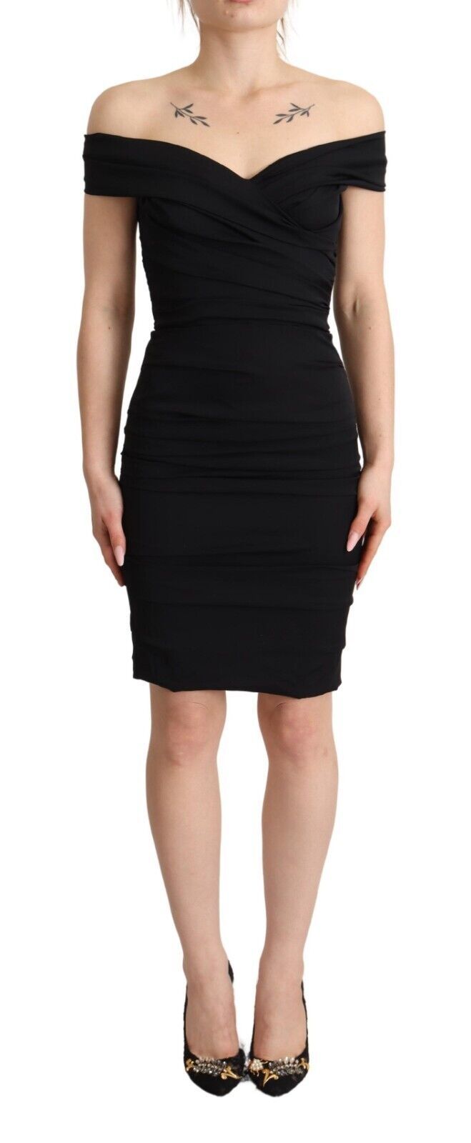 Dolce & Gabbana Bodycon Black Silk Off Shoulder Sheath Bodycon Dress | Regal Royce