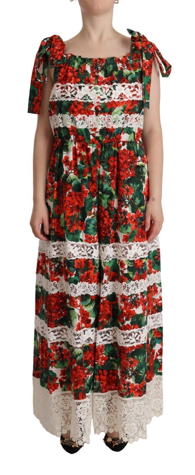 Dolce & Gabbana Multicolor Geranium Print Lace Long Maxi Dress | Regal Royce