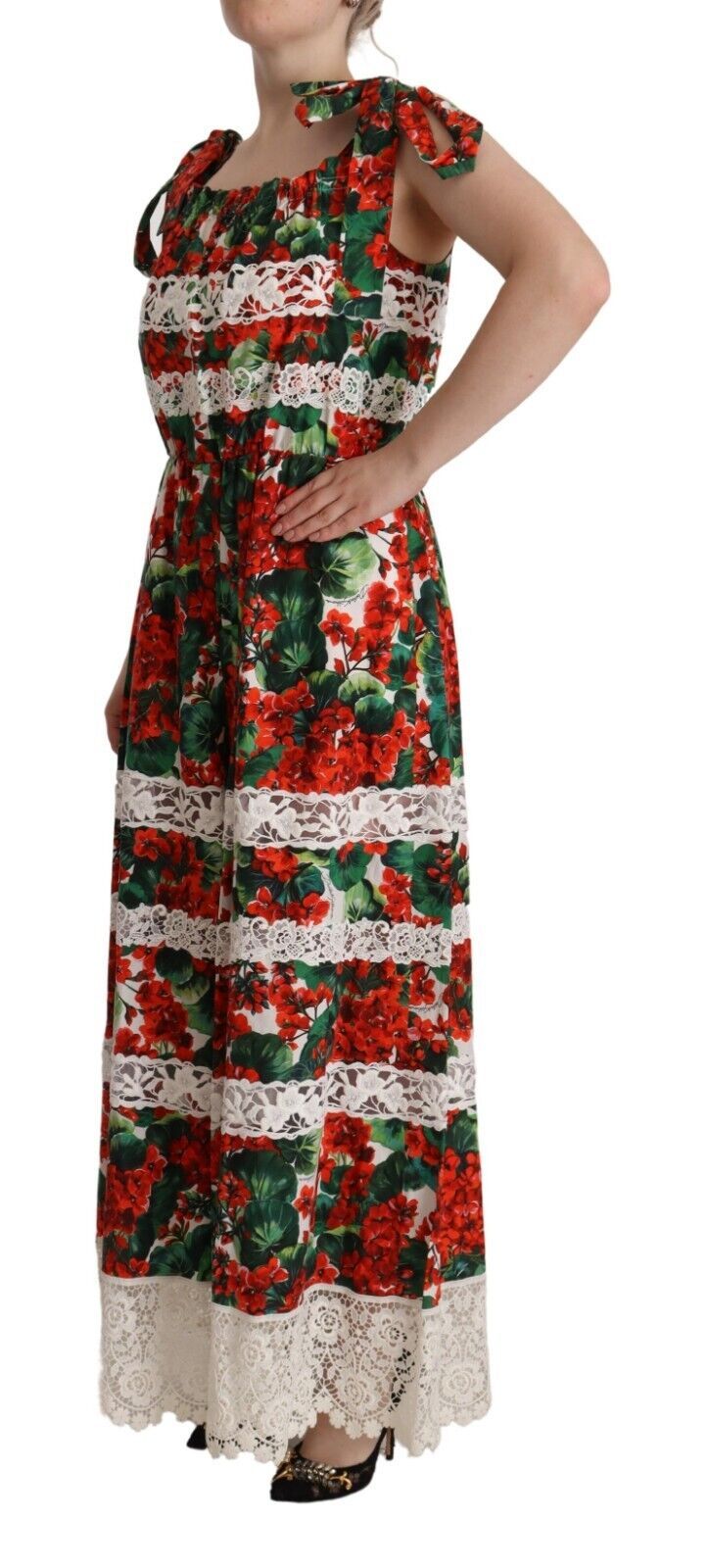 Dolce & Gabbana Multicolor Geranium Print Lace Long Maxi Dress | Regal Royce