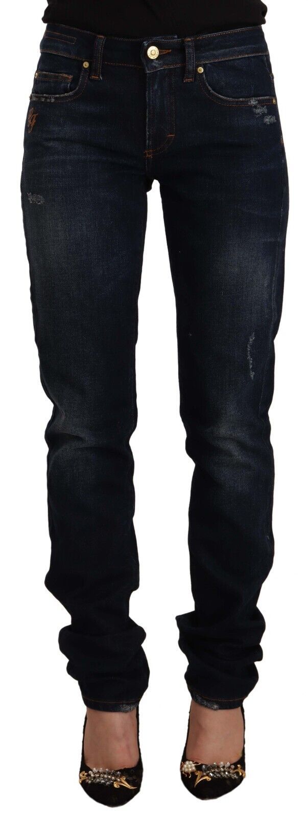 GF Ferre Dark Blue Washed Mid Waist Cotton Denim Skinny Jeans | Regal Royce