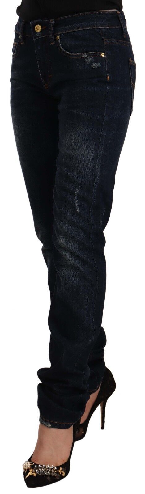 GF Ferre Dark Blue Washed Mid Waist Cotton Denim Skinny Jeans | Regal Royce