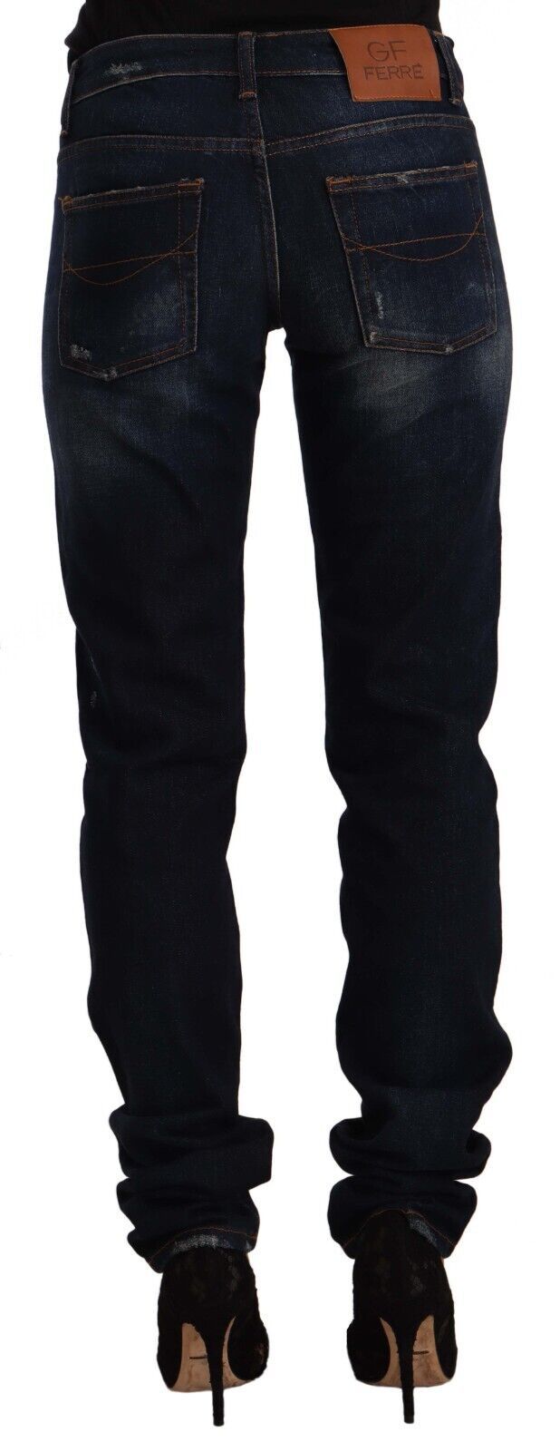 GF Ferre Dark Blue Washed Mid Waist Cotton Denim Skinny Jeans | Regal Royce