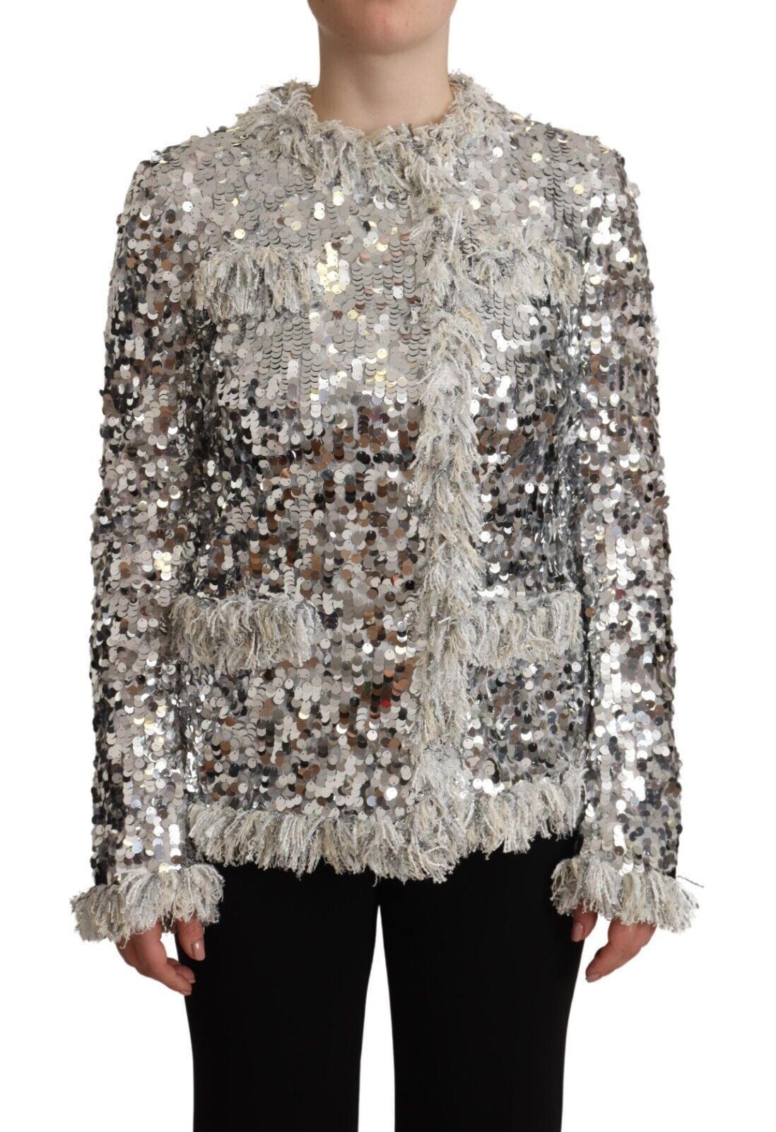 Dolce & Gabbana Silver Sequined Shearling Long Sleeves Jacket | Regal Royce