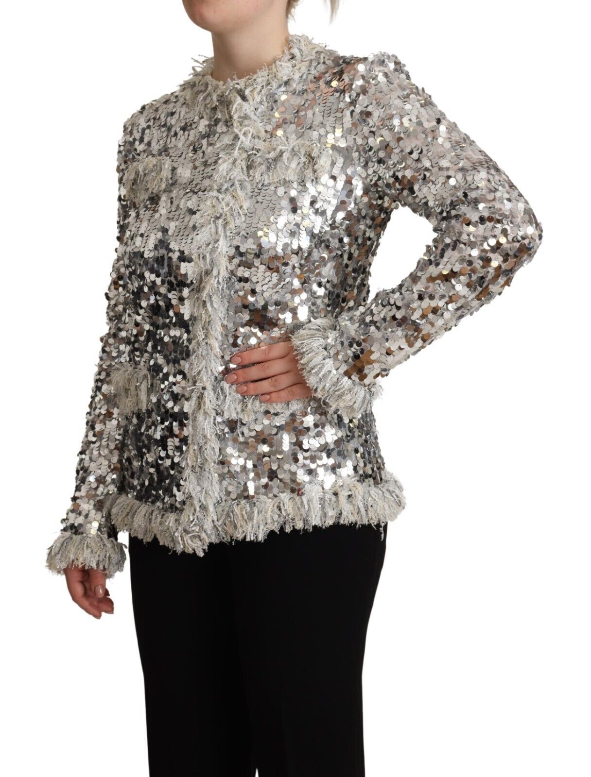 Dolce & Gabbana Silver Sequined Shearling Long Sleeves Jacket | Regal Royce