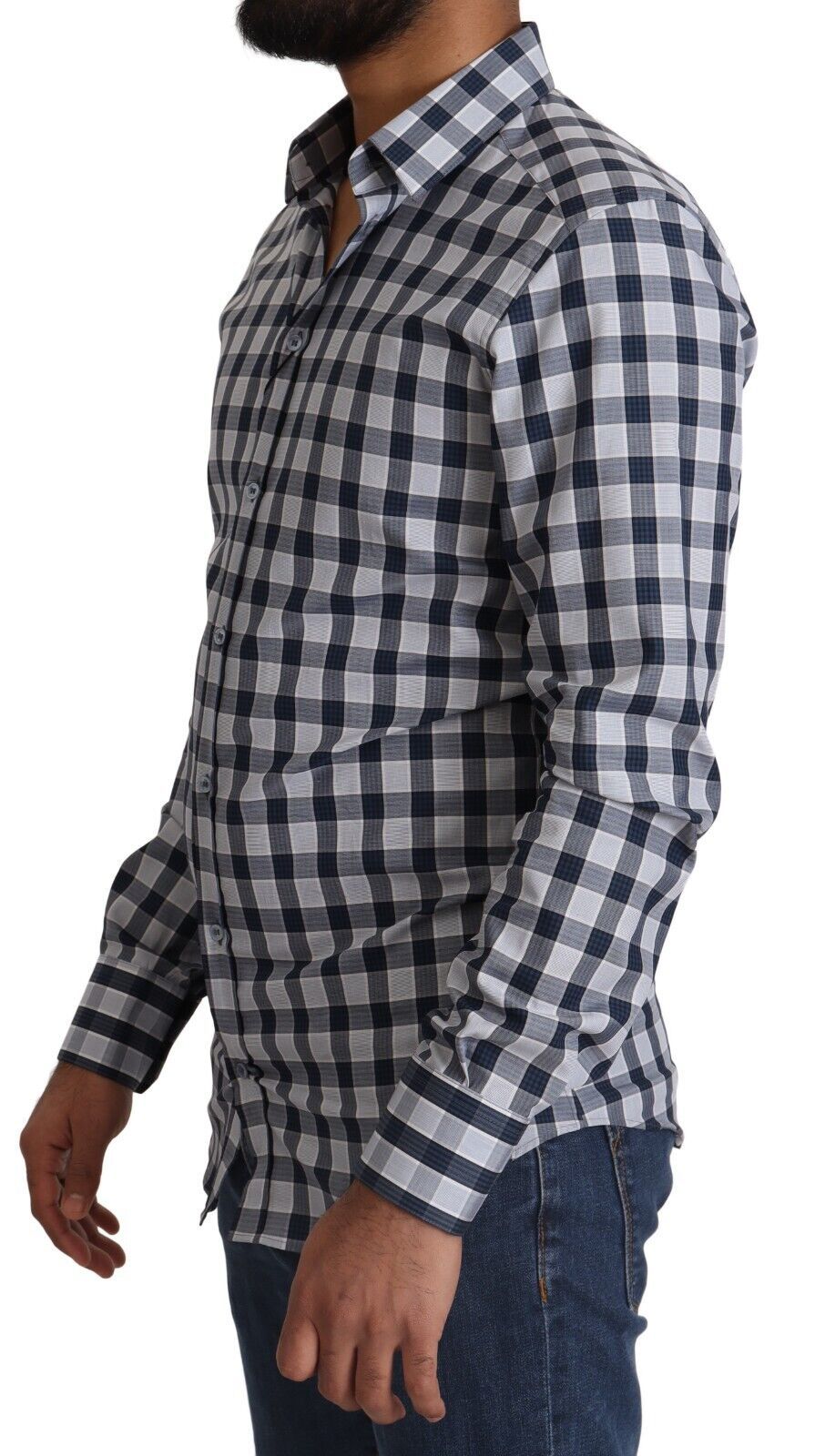 Dolce & Gabbana Blue White Check Cotton Slim Fit GOLD Shirt | Regal Royce