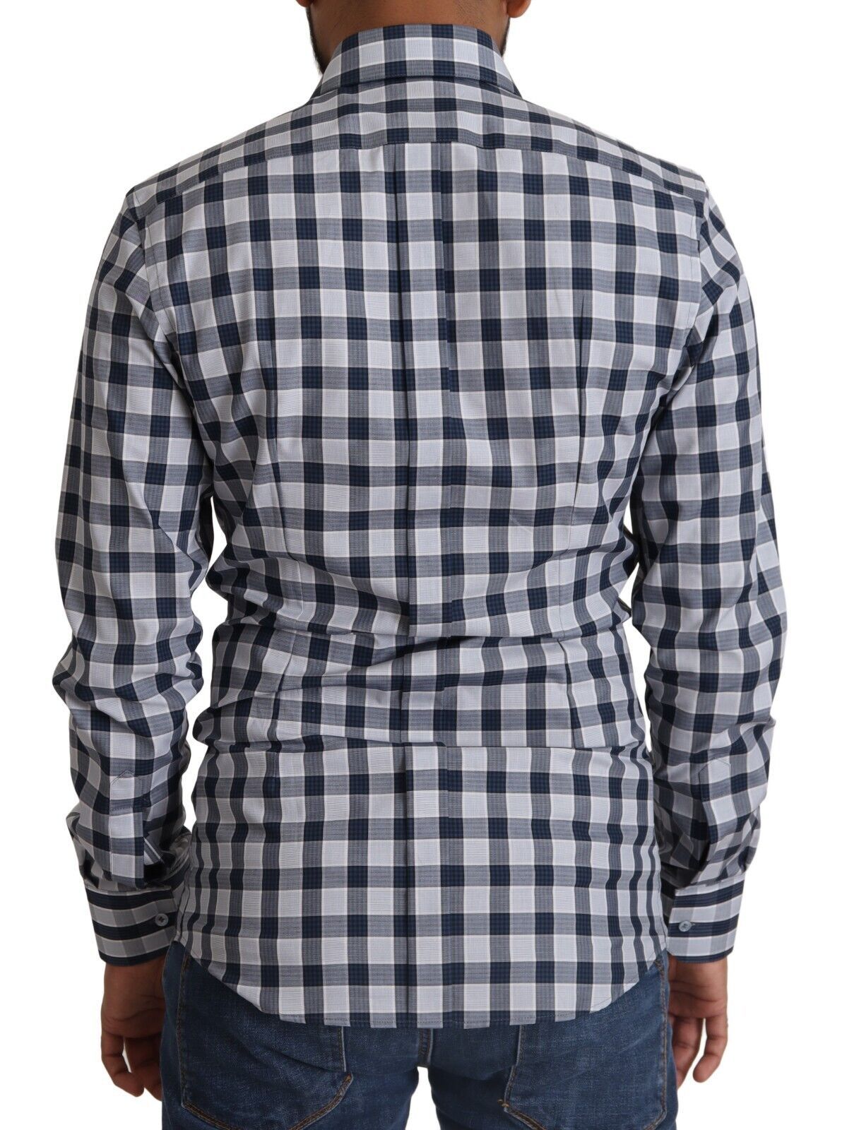 Dolce & Gabbana Blue White Check Cotton Slim Fit GOLD Shirt | Regal Royce