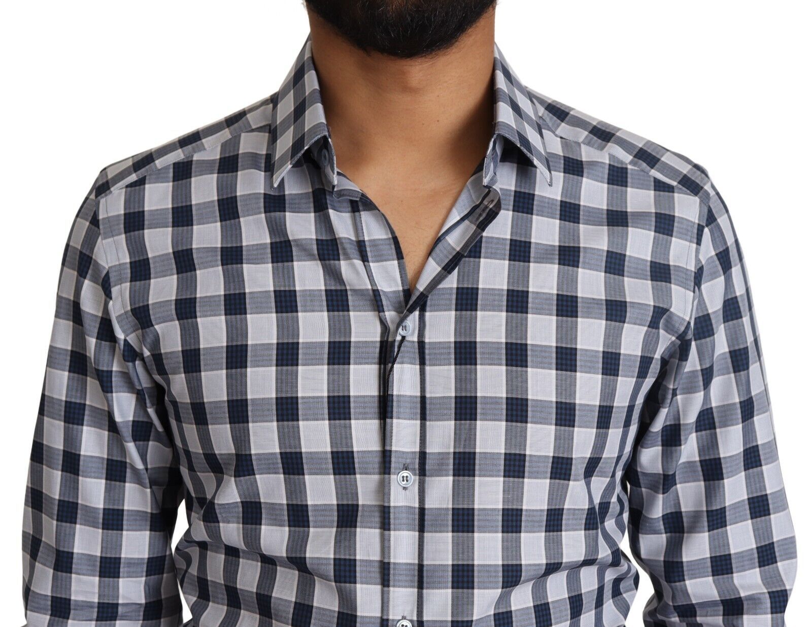 Dolce & Gabbana Blue White Check Cotton Slim Fit GOLD Shirt | Regal Royce
