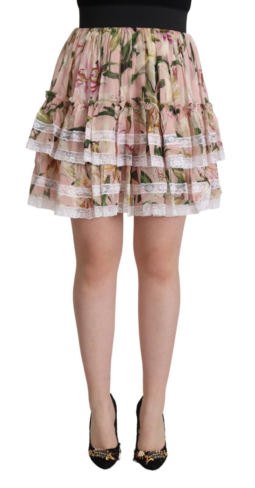 Dolce & Gabbana Pink Lily Print Silk Mini Tiered A-line Skirt | Regal Royce
