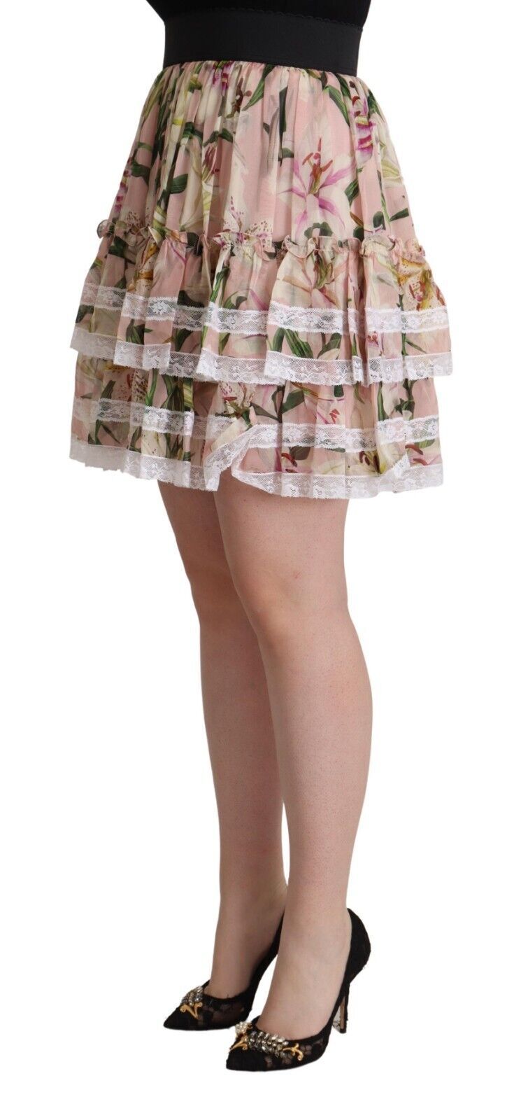 Dolce & Gabbana Pink Lily Print Silk Mini Tiered A-line Skirt | Regal Royce