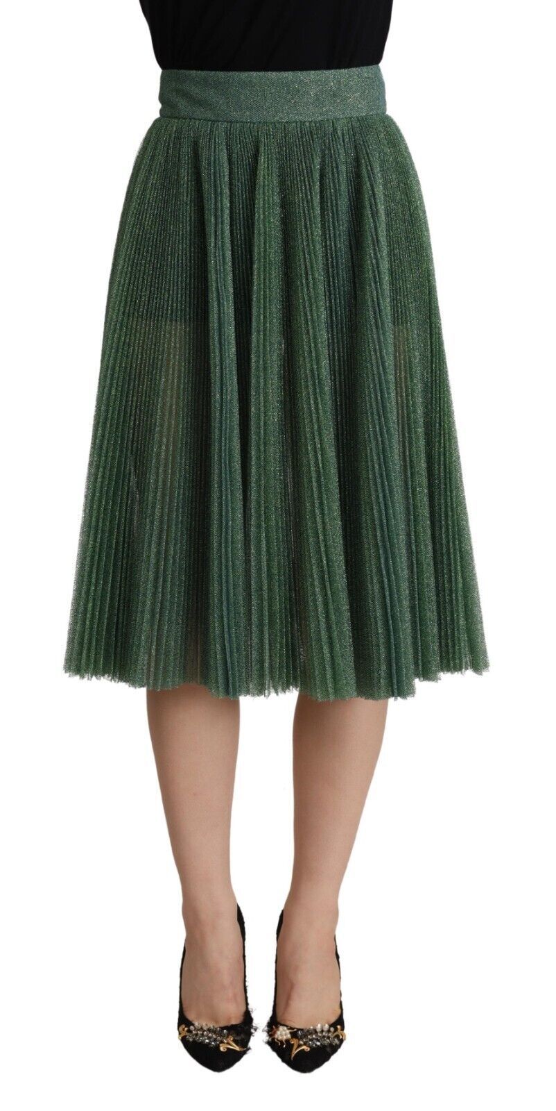 Dolce & Gabbana Metallic Green High Waist A-line Pleated Skirt | Regal Royce