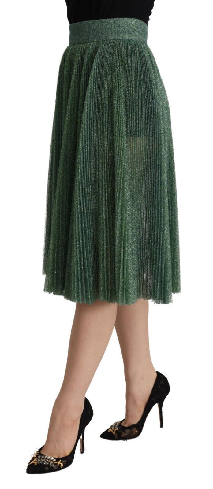 Dolce & Gabbana Metallic Green High Waist A-line Pleated Skirt | Regal Royce