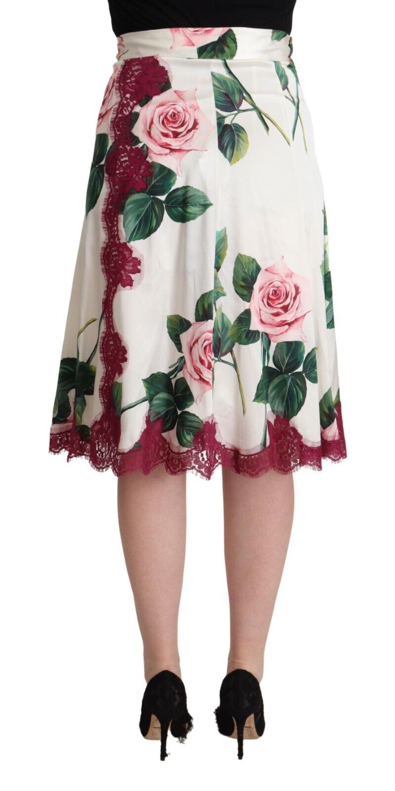 Dolce & Gabbana White Rose Print High Waist Midi A-line Skirt | Regal Royce