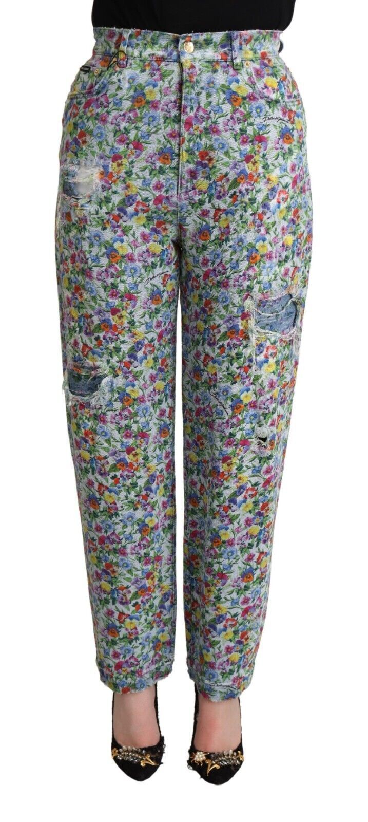 Dolce & Gabbana Blue Floral Print High Waist Denim Tapered Jeans | Regal Royce