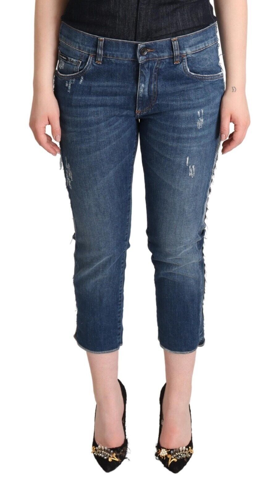 Dolce & Gabbana Blue Washed Mid Waist Denim Logo Cropped Jeans | Regal Royce