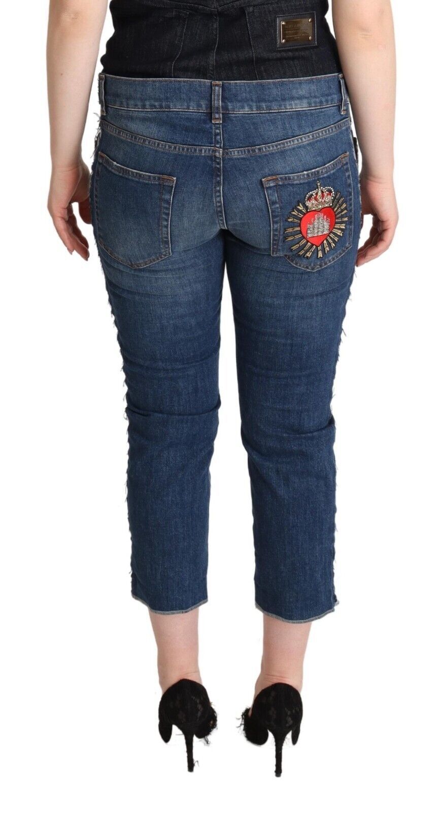 Dolce & Gabbana Blue Washed Mid Waist Denim Logo Cropped Jeans | Regal Royce