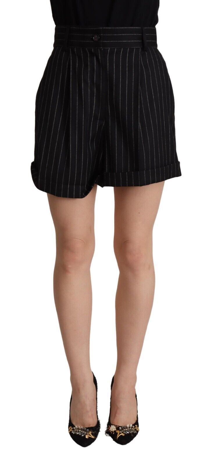 Dolce & Gabbana Black Stripes Wool High Waist Trouser Bermuda Shorts | Regal Royce