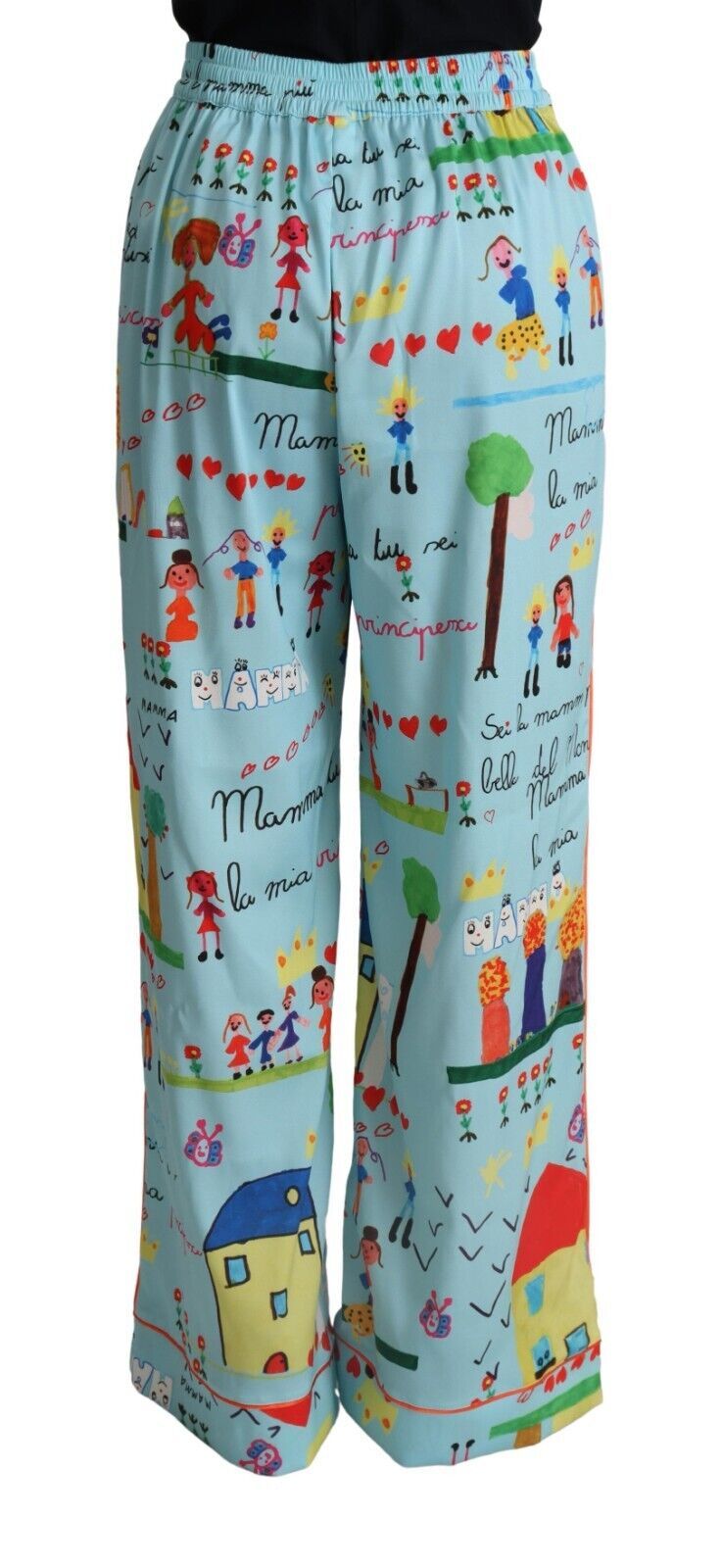 Dolce & Gabbana Light Blue Drawing Mid Waist Wide Leg Pants | Regal Royce