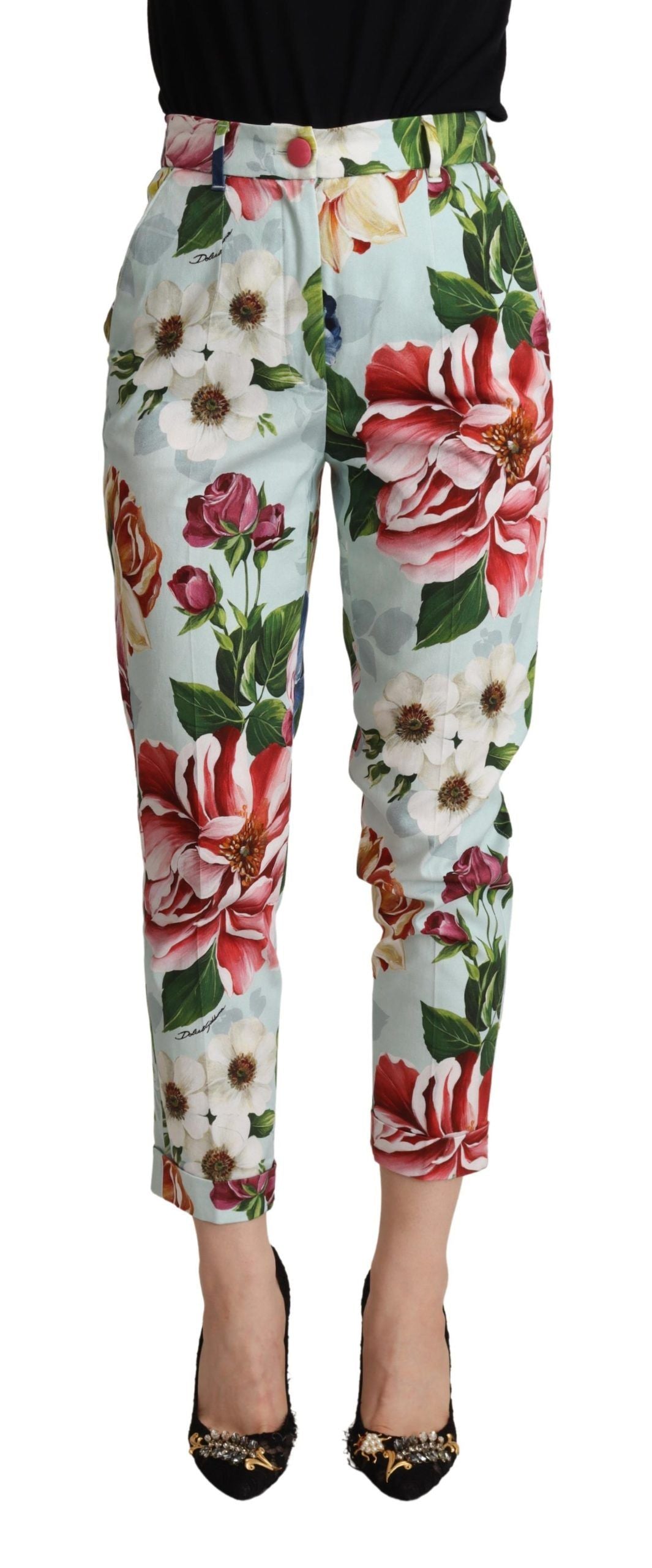 Dolce & Gabbana Light Blue Fiori Print Cotton Trouser Tapered Pants | Regal Royce