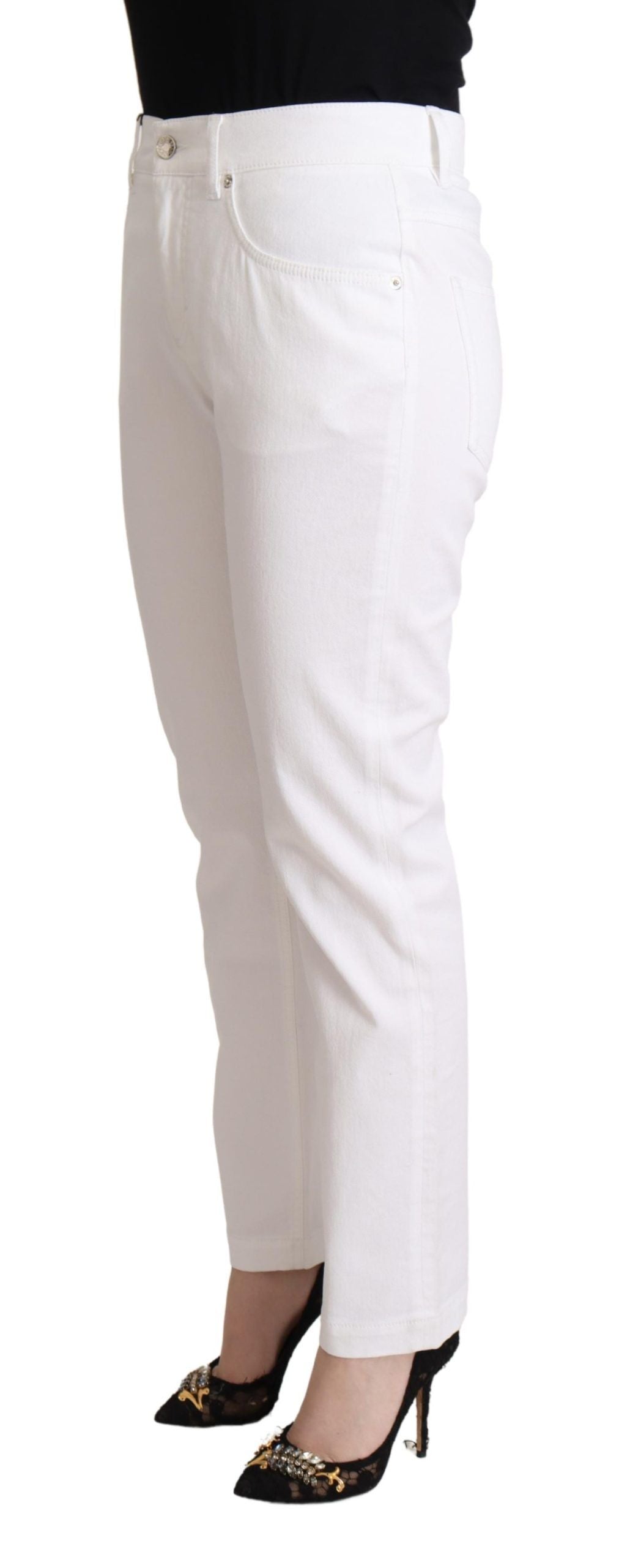 Dolce & Gabbana White Cotton Mid Waist Denim Tapered Jeans | Regal Royce