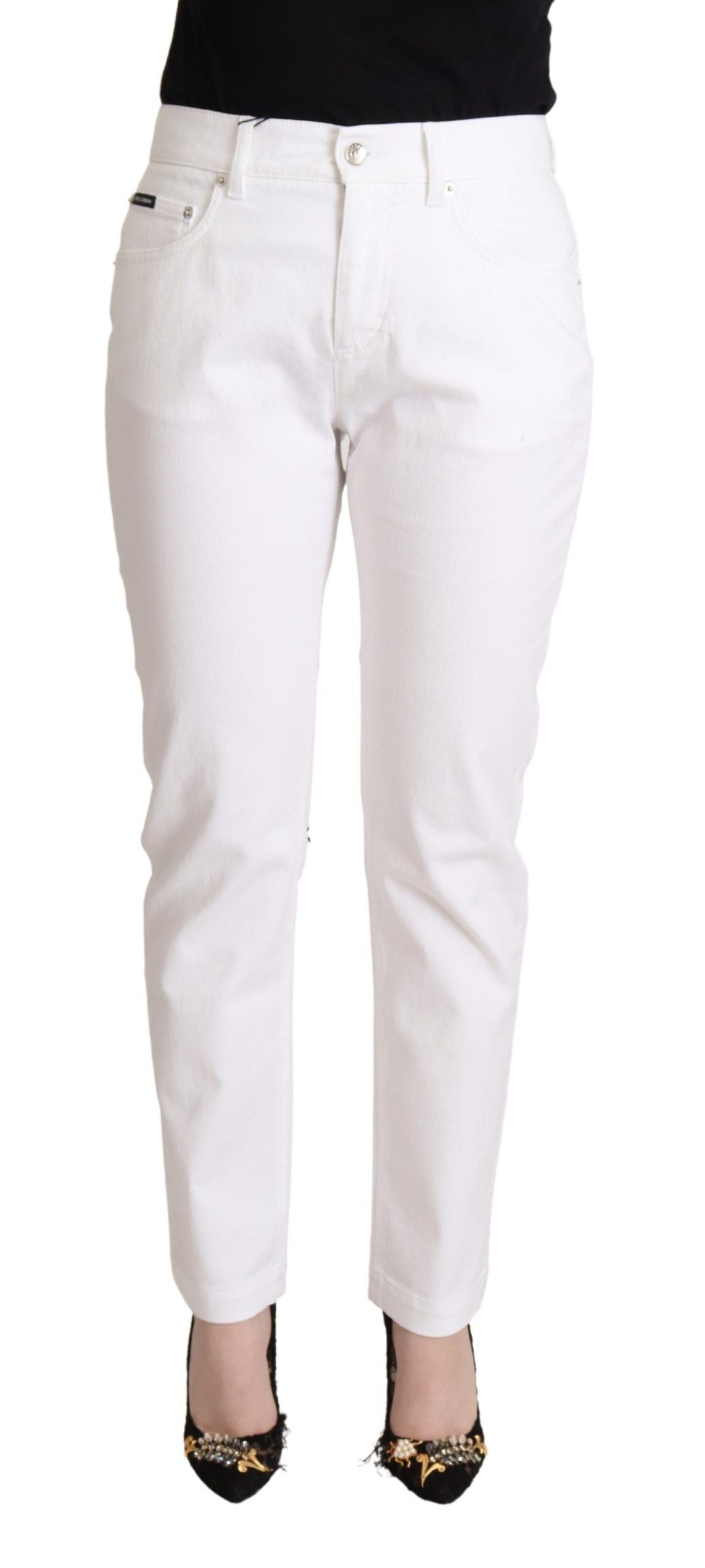 Dolce & Gabbana White Cotton Mid Waist Denim Tapered Jeans | Regal Royce