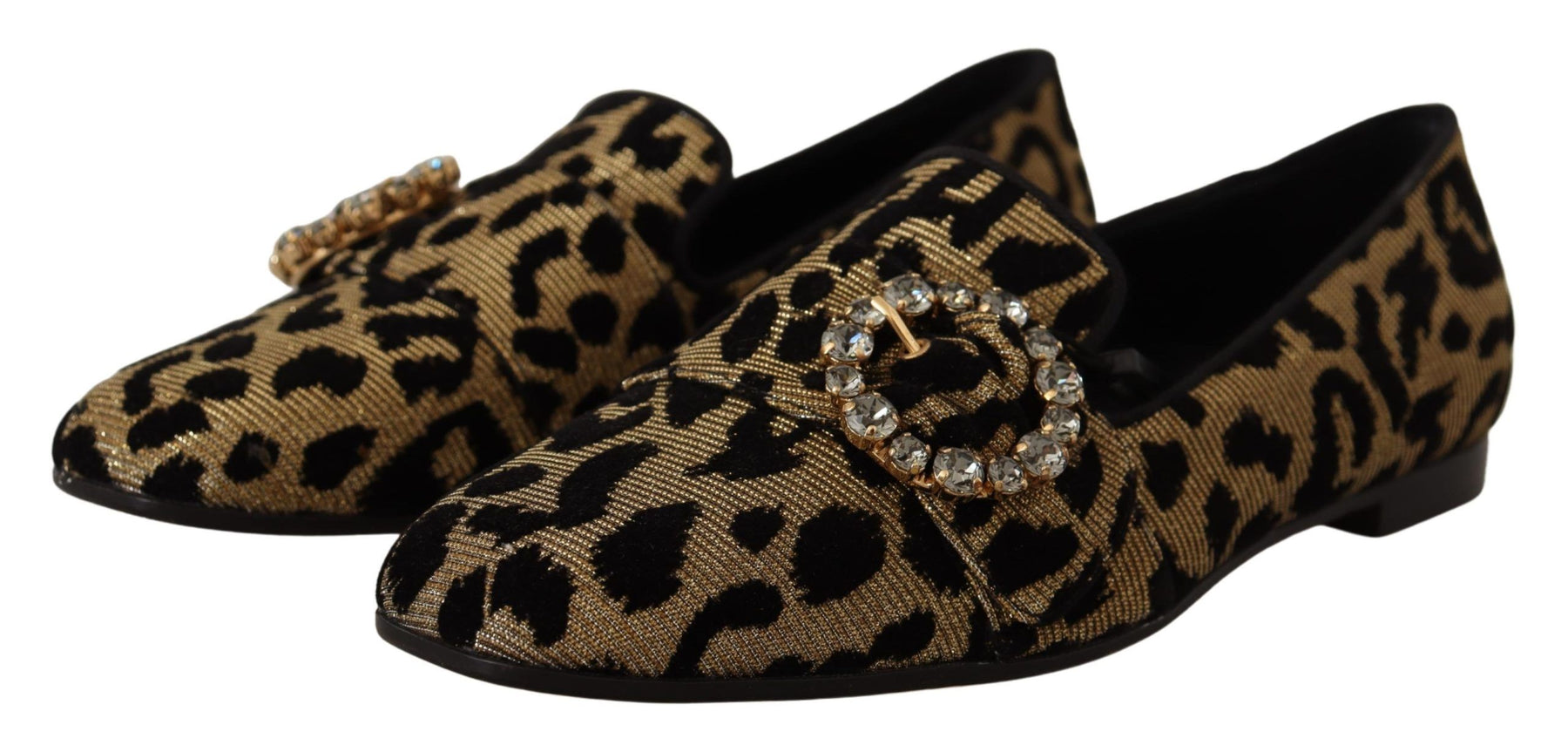 Dolce & Gabbana Gold Leopard Print Crystals Loafers Shoes | Regal Royce